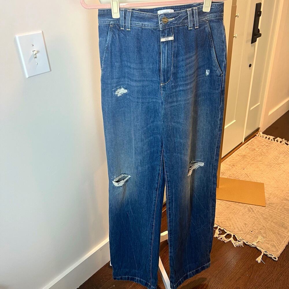 CLOSED Braden Jeans Women 31 Mid Blue Distressed Wide Leg Organic Cotton Italy